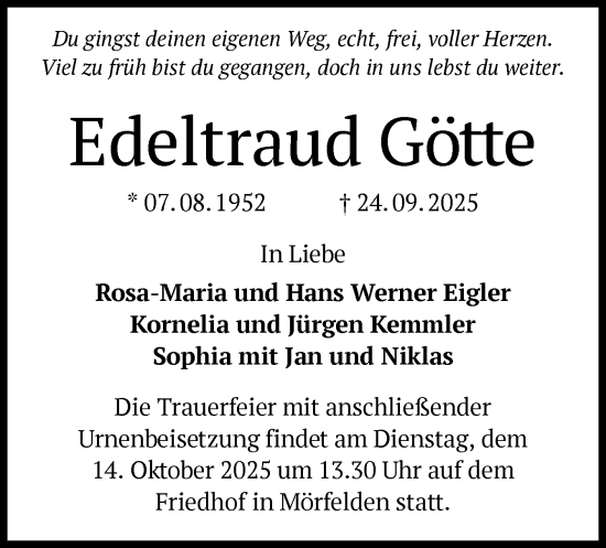 Traueranzeige von Edeltraud Götte von OFMF