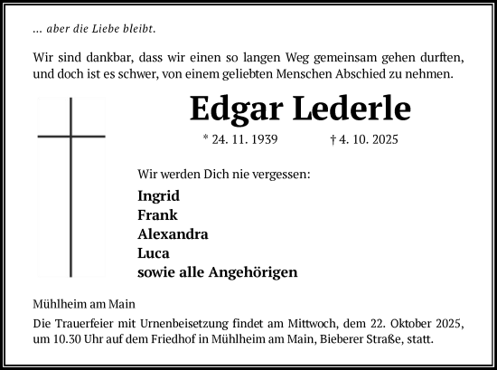 Traueranzeige von Edgar Lederle von OFOP
