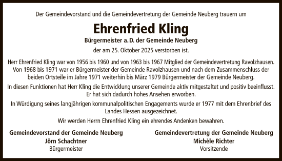 Traueranzeige von Ehrenfried Kling von OFHA