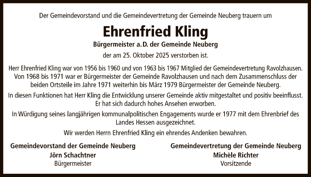  Traueranzeige für Ehrenfried Kling vom 29.10.2025 aus OFHA