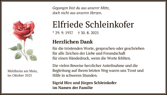 Traueranzeige von Elfriede Schleinkofer von OFOP