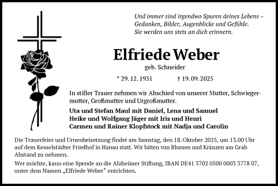 Traueranzeige von Elfriede Weber von OFHA