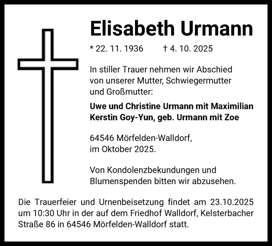 Traueranzeige von Elisabeth Urmann von OFMF