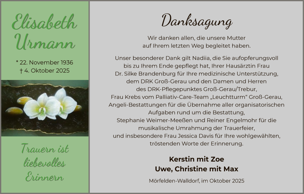  Traueranzeige für Elisabeth Urmann vom 31.10.2025 aus OFMF