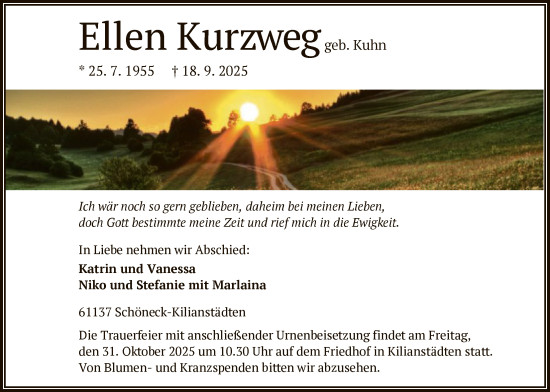 Traueranzeige von Ellen Kurzweg von OFHA