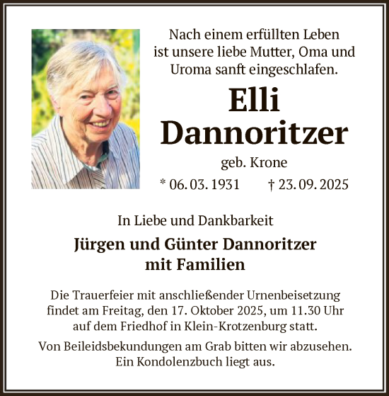 Traueranzeige von Elli Dannoritzer von OF0L