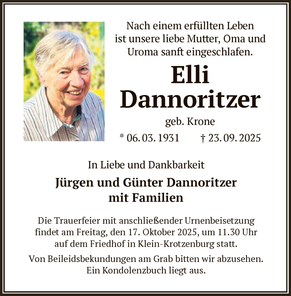  Traueranzeige für Elli Dannoritzer vom 11.10.2025 aus OF0L