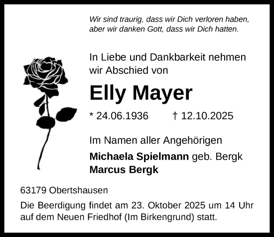 Traueranzeige von Elly Mayer von OFOP