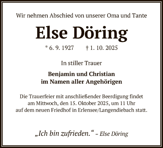 Traueranzeige von Else Döring von OFHA