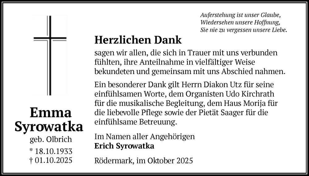  Traueranzeige für Emma Syrowatka vom 18.10.2025 aus OF0L
