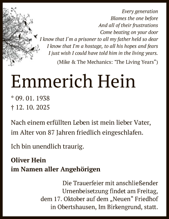 Traueranzeige von Emmerich Hein von OFOP