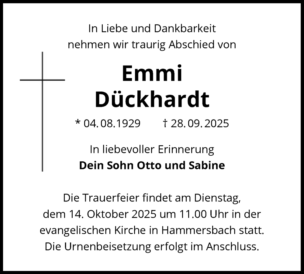  Traueranzeige für Emmi Dückhardt vom 11.10.2025 aus OFHA