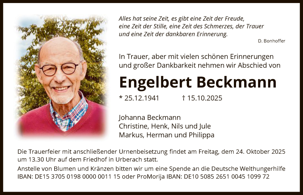  Traueranzeige für Engelbert Beckmann vom 21.10.2025 aus OFOP