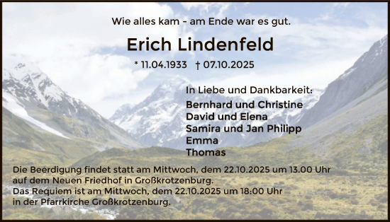 Traueranzeige von Erich Lindenfeld von OFHA