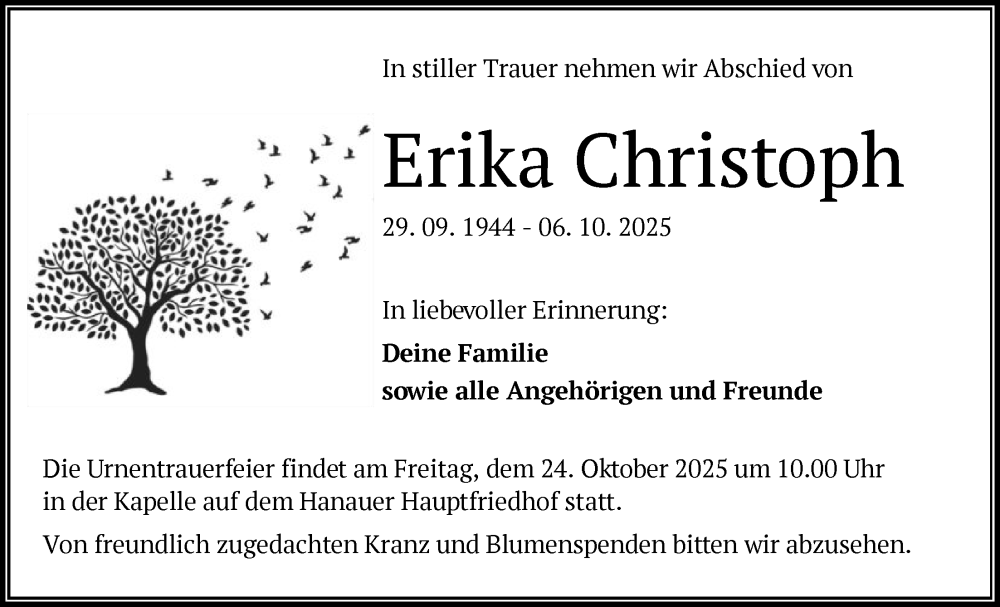  Traueranzeige für Erika Christoph vom 18.10.2025 aus OFHA