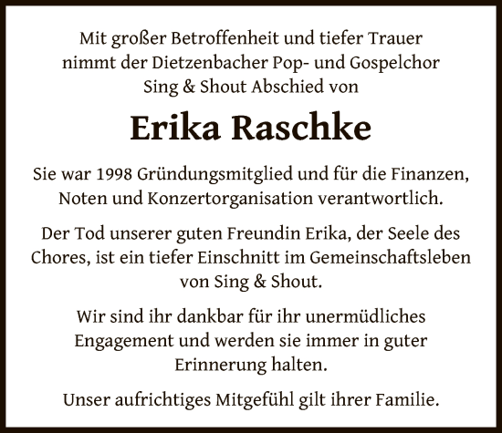 Traueranzeige von Erika Raschke von OF0L