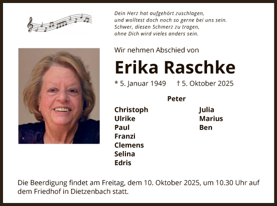 Traueranzeige von Erika Raschke von OFOP