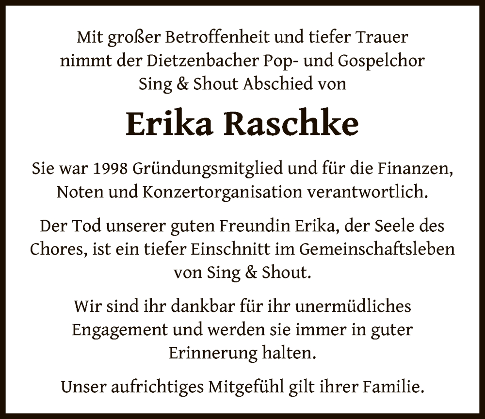 Traueranzeige für Erika Raschke vom 25.10.2025 aus OF0L