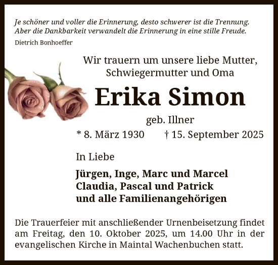 Traueranzeige von Erika Simon von OFHA