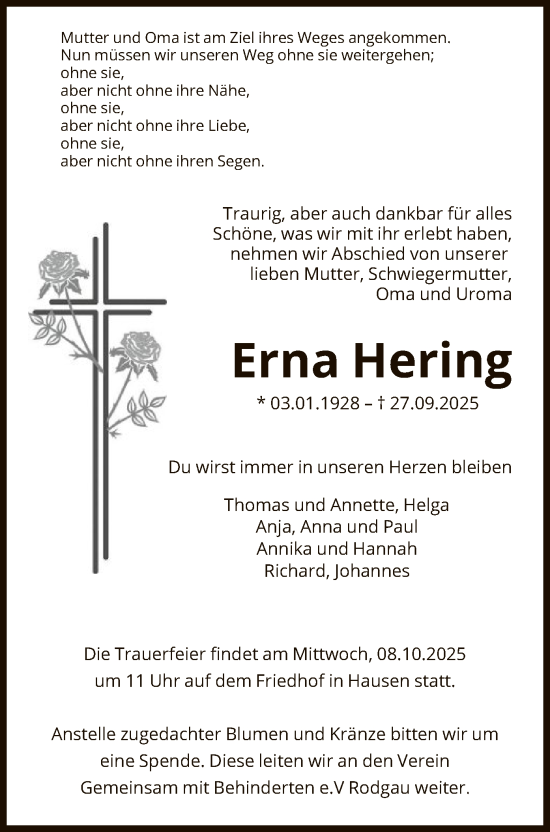 Traueranzeige von Erna Hering von OFOP