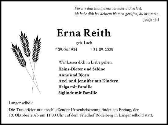 Traueranzeige von Erna Reith von OFHA