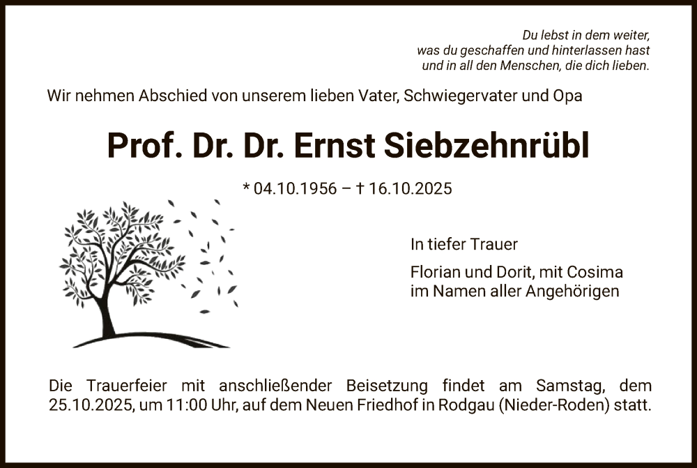  Traueranzeige für Ernst Siebzehnrübl vom 24.10.2025 aus OFOP