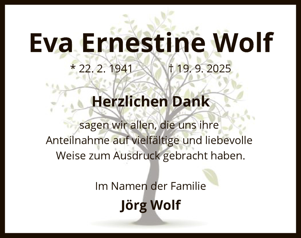  Traueranzeige für Eva Ernestine Wolf vom 11.10.2025 aus OF0L