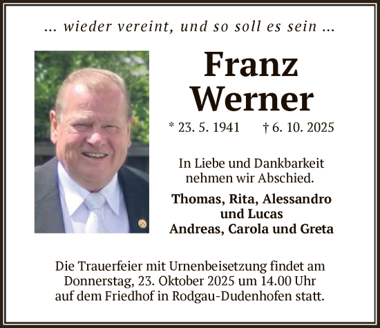 Traueranzeige von Franz Werner von OF0L