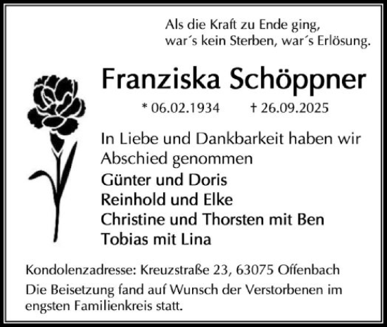 Traueranzeige von Franziska Schöppner von OFOP