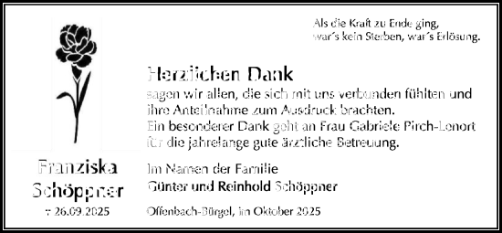 Traueranzeige von Franziska Schöppner von OFOP