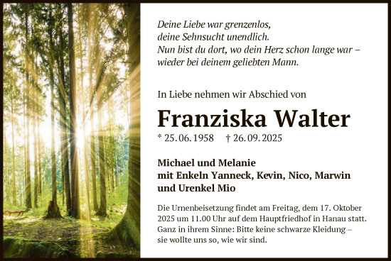 Traueranzeige von Franziska Walter von OFHA