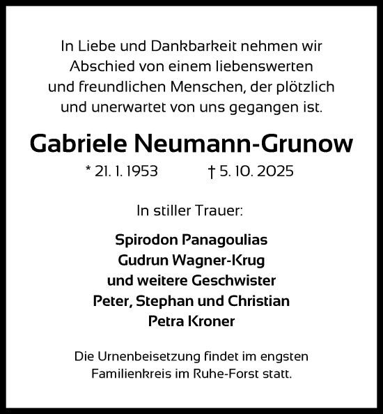 Traueranzeige von Gabriele Neumann-Grunow von FRAW