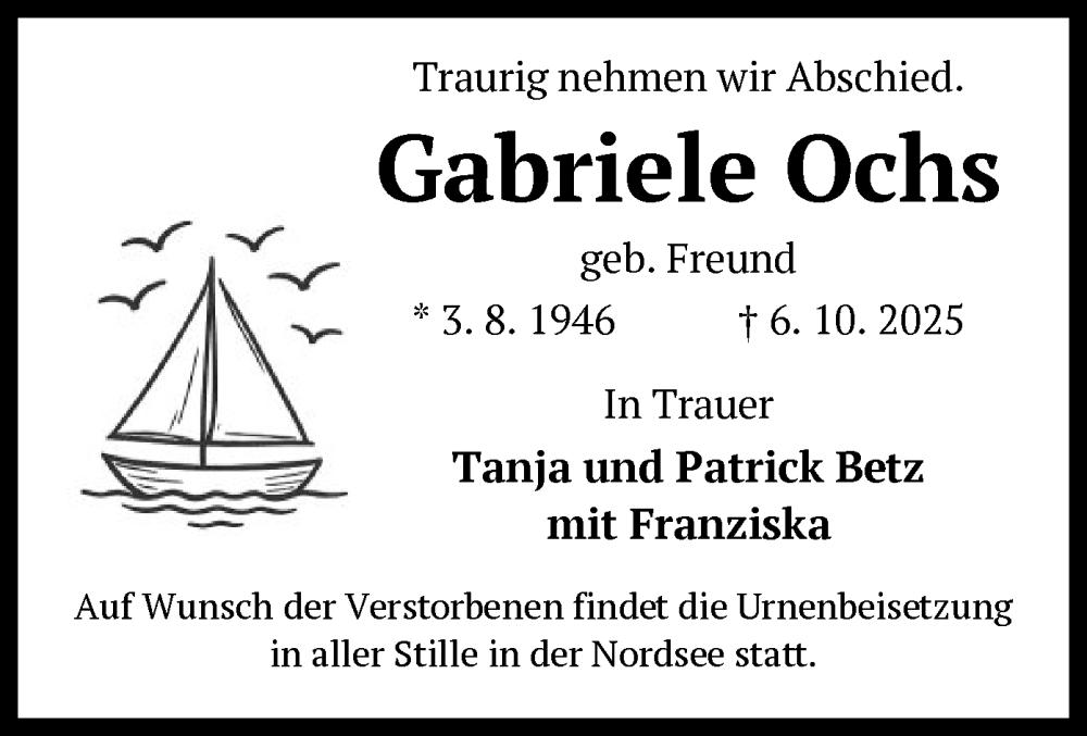 Traueranzeige für Gabriele Ochs vom 11.10.2025 aus OFHA