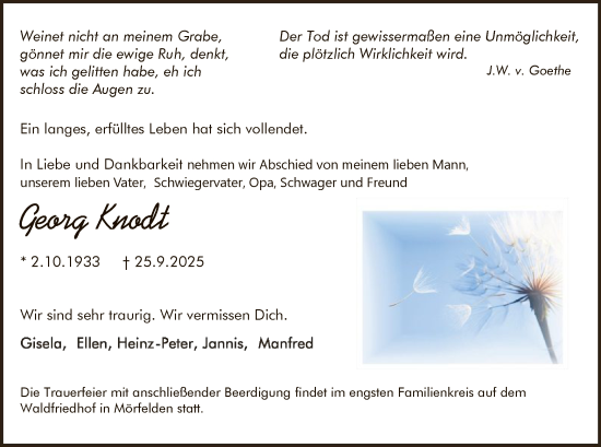Traueranzeige von Georg Knodt von OFMF