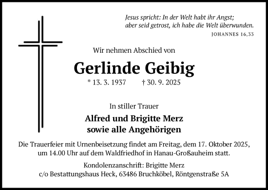 Traueranzeige von Gerlinde Geibig von OFHA