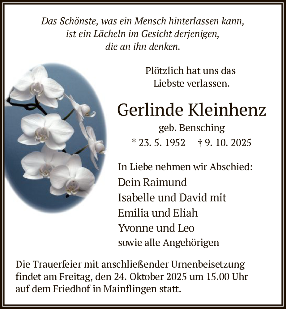  Traueranzeige für Gerlinde Kleinhenz vom 18.10.2025 aus OF0L