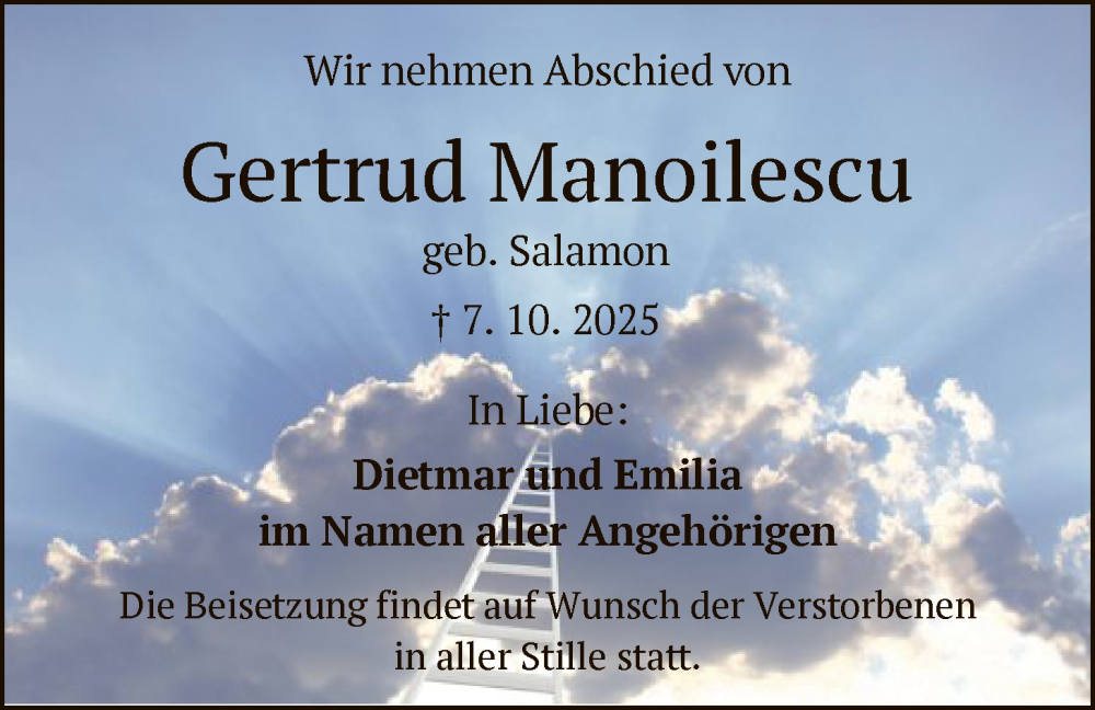  Traueranzeige für Gertrud Manoilescu vom 18.10.2025 aus OF0W