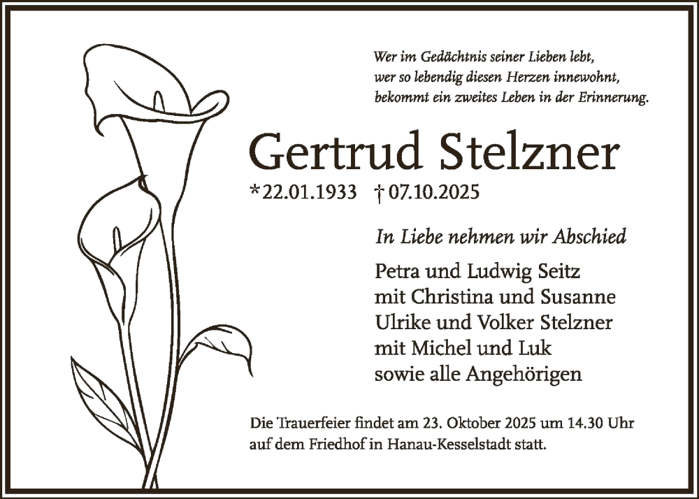  Traueranzeige für Gertrud Stelzner vom 18.10.2025 aus OFHA