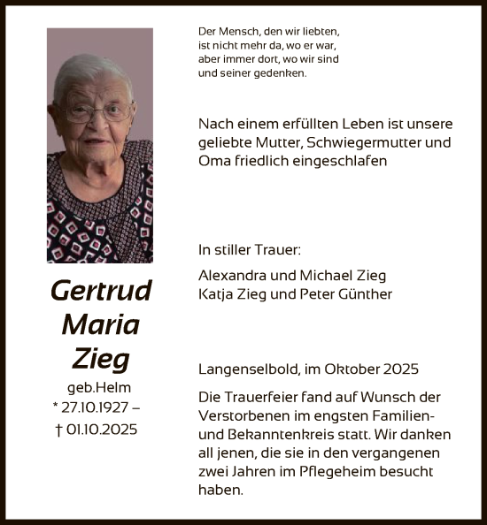 Traueranzeige von Gertrud Maria Zieg von OFHA