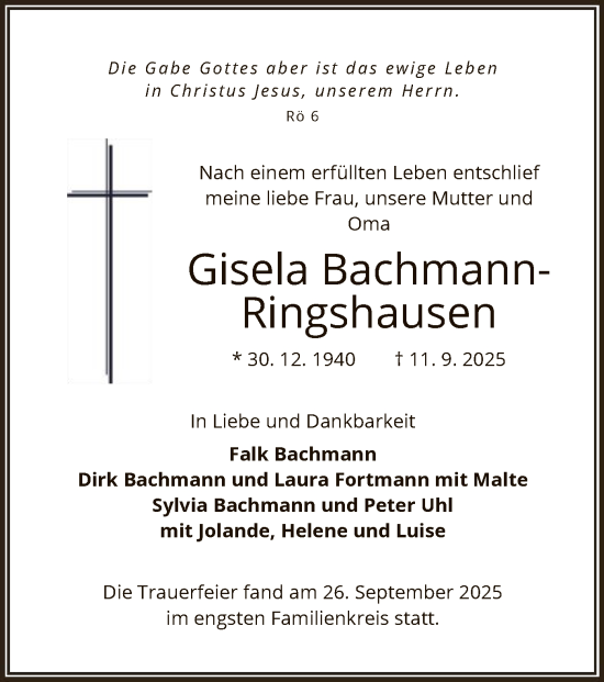 Traueranzeige von Gisela Bachmann-Ringshausen von OFOP