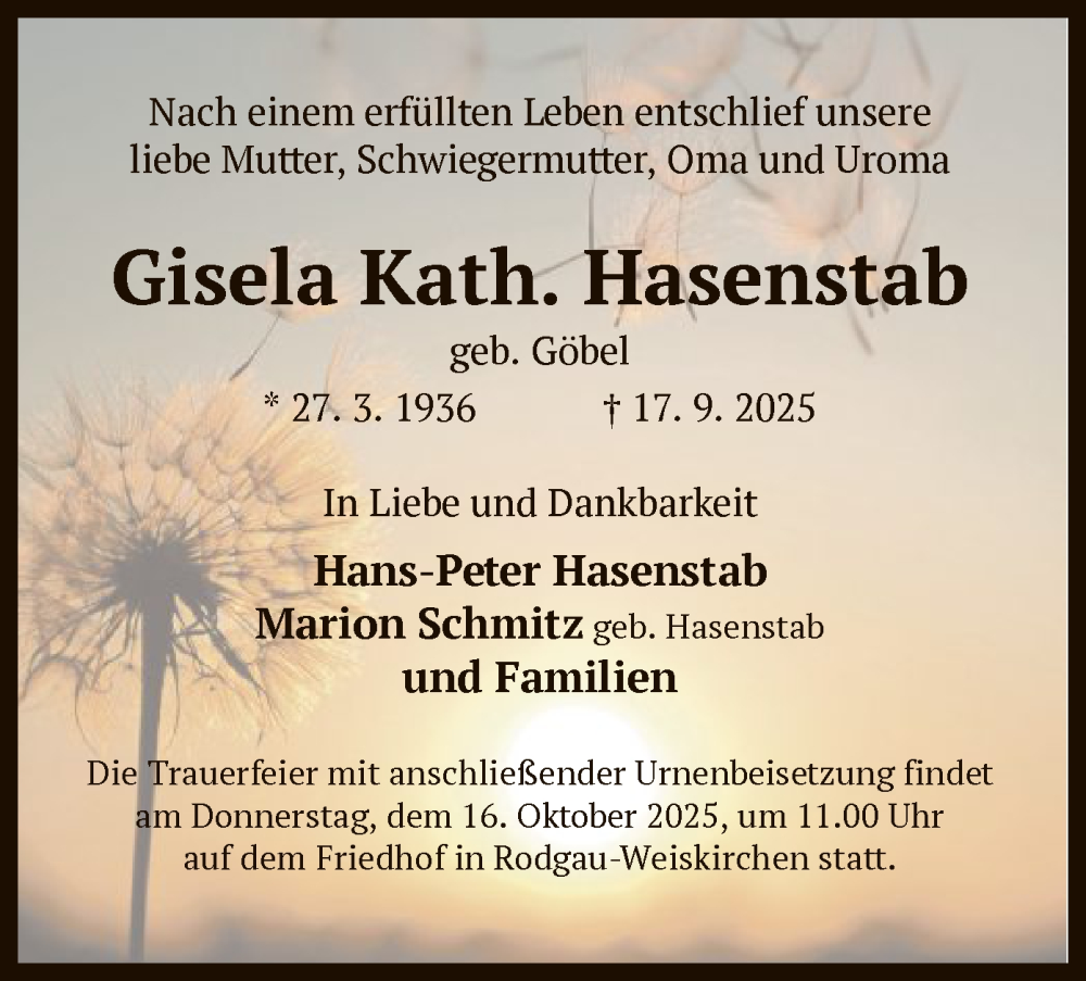  Traueranzeige für Gisela Hasenstab vom 11.10.2025 aus OFOP