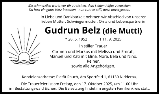 Traueranzeige von Gudrun Belz von OFHA