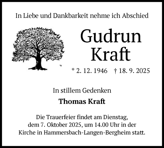 Traueranzeige von Gudrun Kraft von OFHA