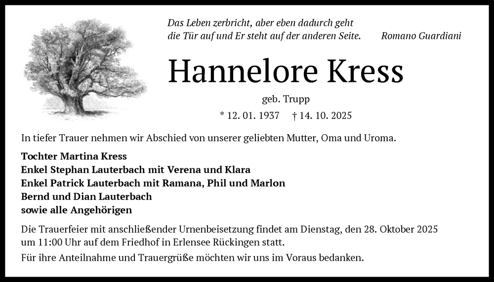  Traueranzeige für Hannelore Kress vom 25.10.2025 aus OFHA