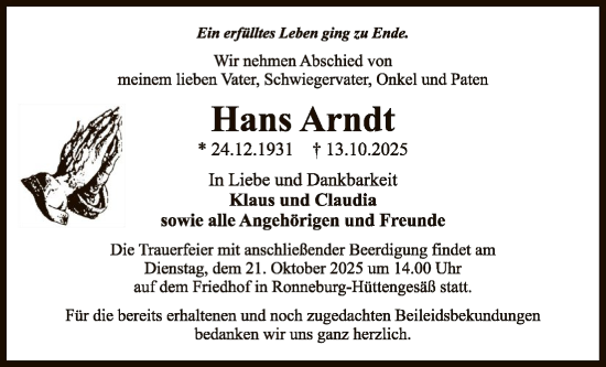 Traueranzeige von Hans Arndt von OFHA