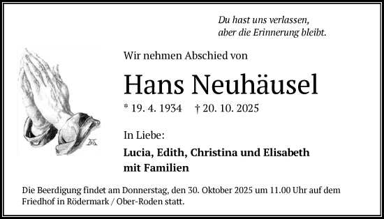Traueranzeige von Hans Neuhäusel von OF0L