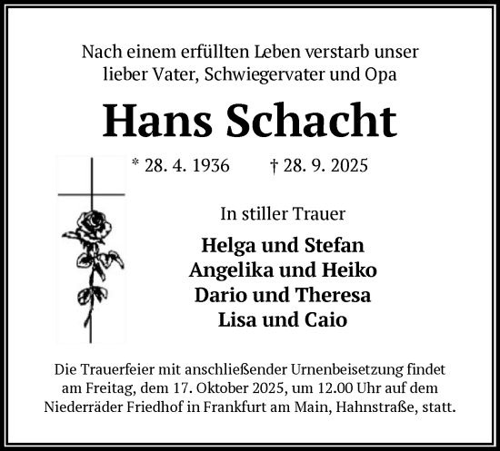 Traueranzeige von Hans Schacht von BOWO