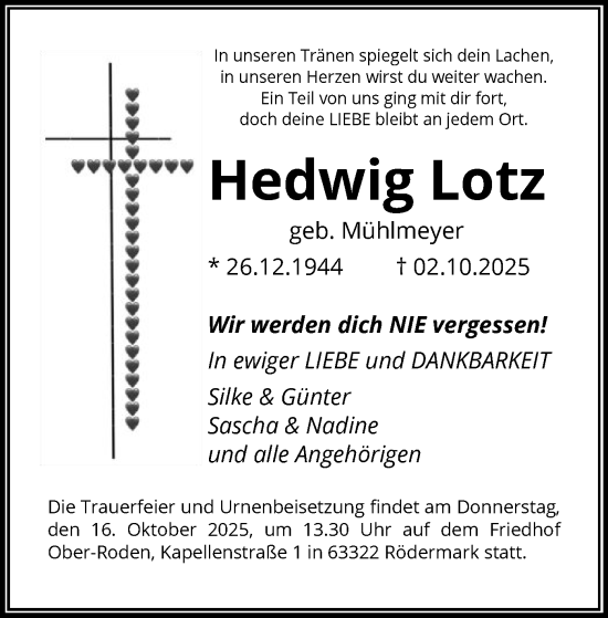 Traueranzeige von Hedwig Lotz von OF0L
