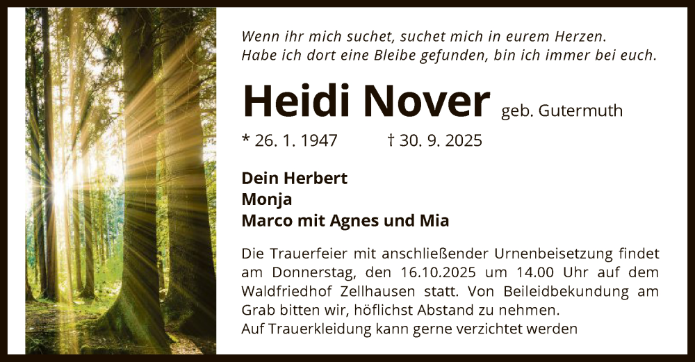  Traueranzeige für Heidi Nover vom 11.10.2025 aus OFOP