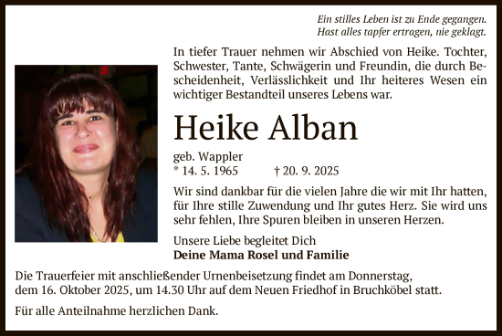 Traueranzeige von Heike Alban von HUW
